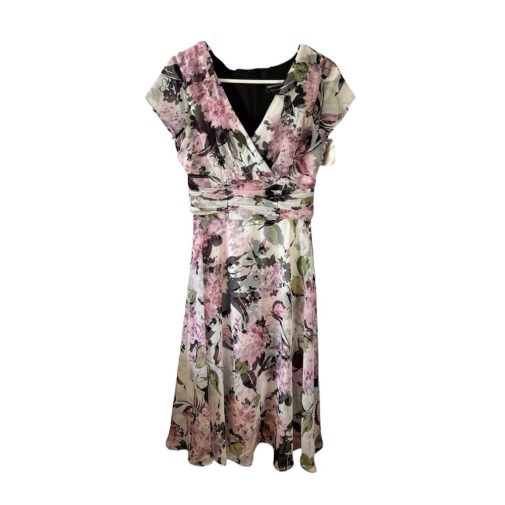 Connected Apparel Floral Pink Gray V Neck Midi Dress Size 6 NWT